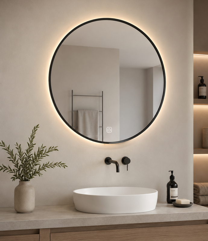 מראת LED עגולה 80x80 עם מסגרת שחורה דגם W7