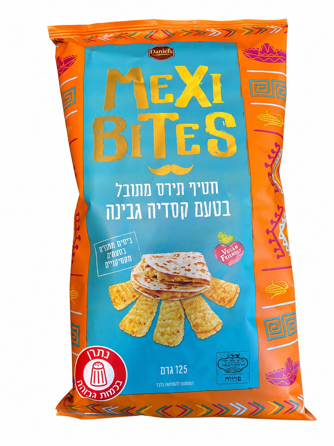MeXi BiTeS חטיף תירס מתובל בטעם קסדיה גבינה 125 גרם