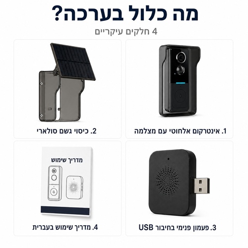 אינטרקום אלחוטי סולארי עם מצלמה לדלת ופעמון פנימי USB