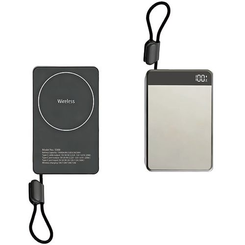 פאוור בנק סוללת גיבוי מתכתי 10,000mAh משולב מטען אלחוטי 15W וכבל Type-C מובנה