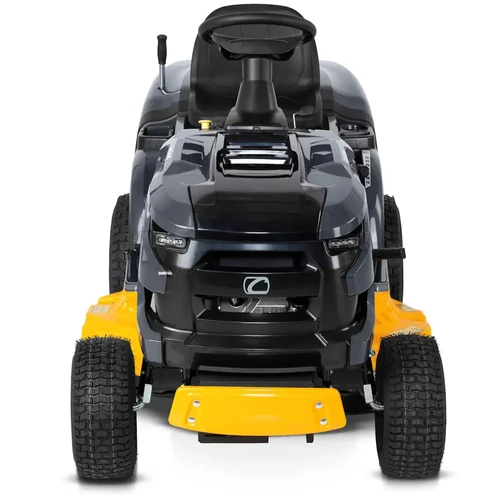 מבט חזיתי סימטרי וישיר על טרקטורון כיסוח דשא Cub Cadet LT2 R92, מציג את רוחב הכלי, פנסי ה-LED והצמיגים הקדמיים