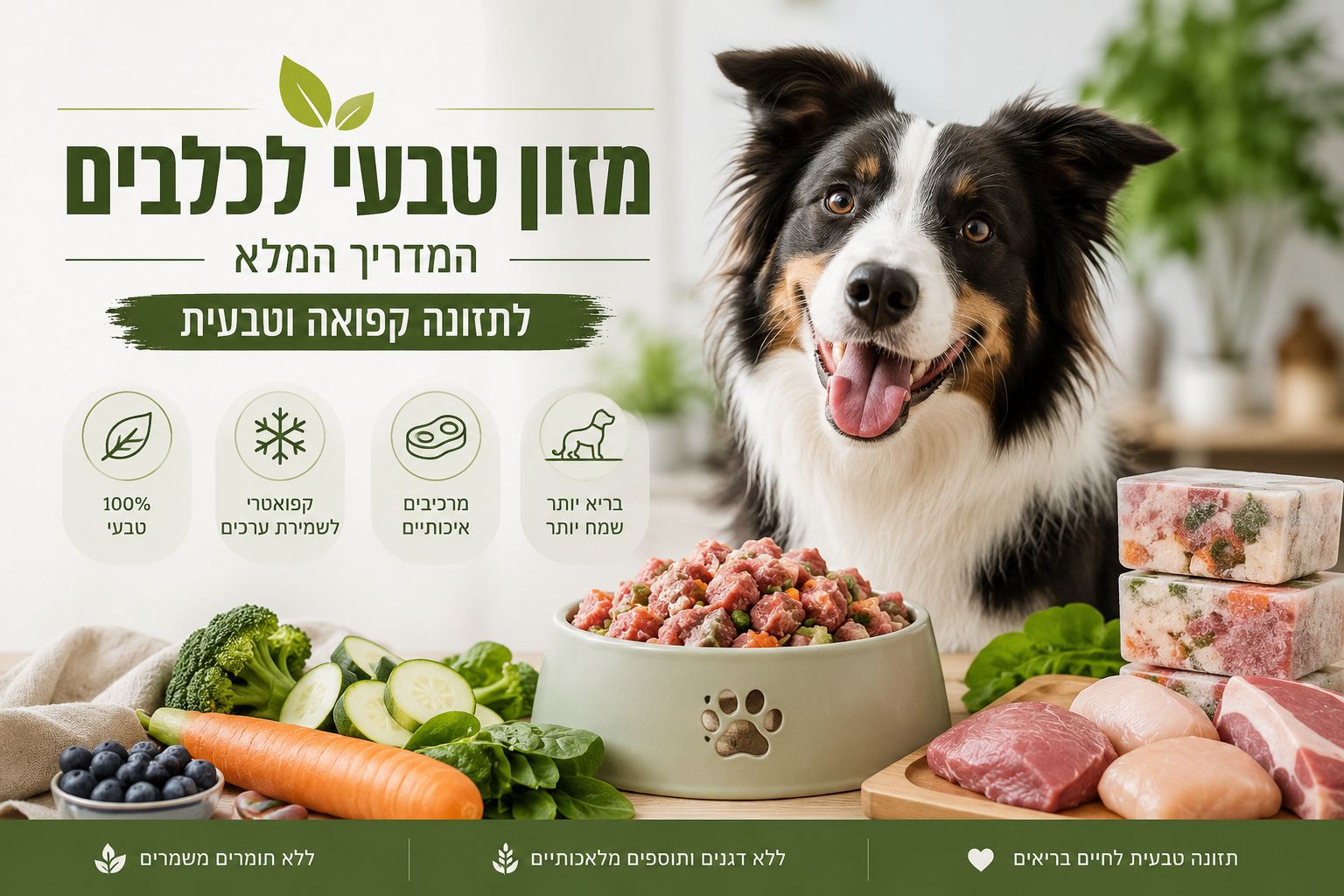 מזון טבעי לכלבים — המדריך המלא לתזונה קפואה וטבעית