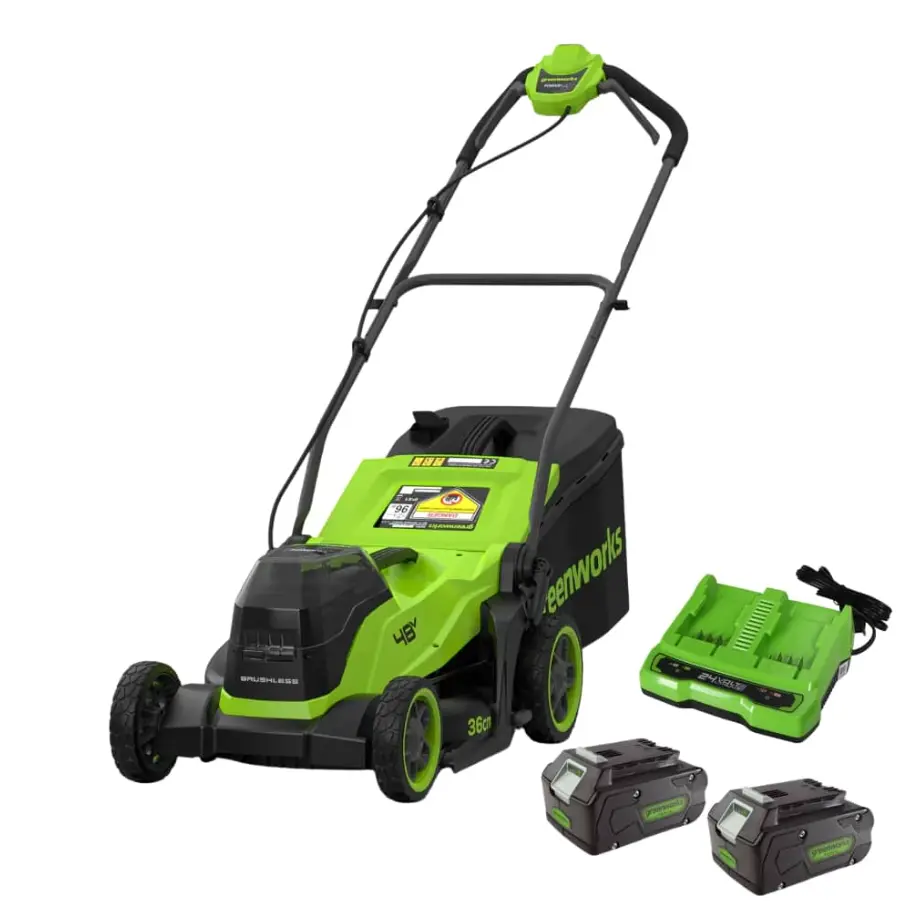 מכסחת דשא נטענת 36 ס"מ עם 2 סוללות 4 אמפר ומטען - Greenworks MO48L421-01 48V