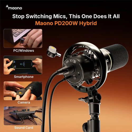 Maono PD200WS USB מיקרופון פודקאסט דינמי מגוון חיבורים - אלחוטי או כבל USB או כבל XLR