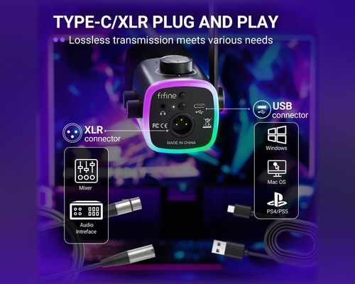 Fifine AmpliGame AM9 — מיקרופון גיימינג ופודקאסט דינמי USB-C + XLR עם וסת Game/Chat, Tap-to-Mute ו-RGB