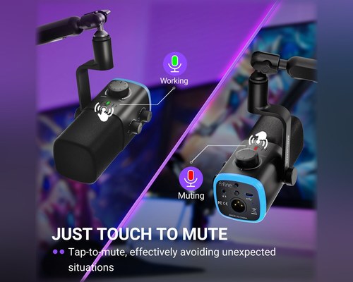 Fifine AmpliGame AM9 — מיקרופון גיימינג ופודקאסט דינמי USB-C + XLR עם וסת Game/Chat, Tap-to-Mute ו-RGB