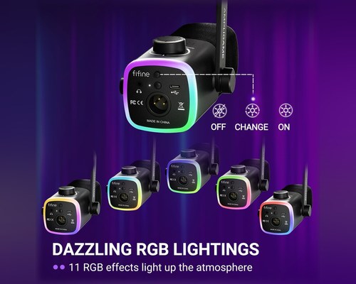 Fifine AmpliGame AM9 — מיקרופון גיימינג ופודקאסט דינמי USB-C + XLR עם וסת Game/Chat, Tap-to-Mute ו-RGB