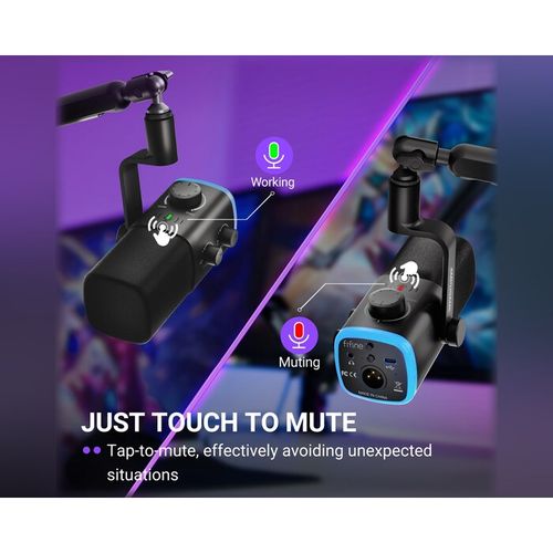 FIFINE AmpliGame AM9 — מיקרופון גיימינג ופודקאסט דינמי USB-C + XLR עם וסת Game/Chat, Tap-to-Mute ו-RGB