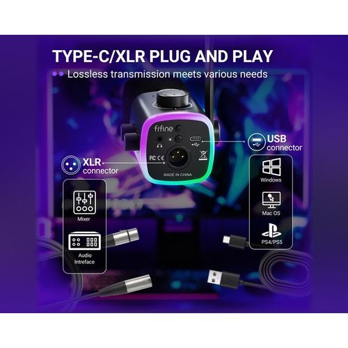 FIFINE AmpliGame AM9 — מיקרופון גיימינג ופודקאסט דינמי USB-C + XLR עם וסת Game/Chat, Tap-to-Mute ו-RGB