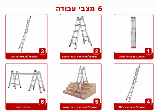 סולם טלסקופי 4.12 מטר מקצועי 6 מצבי עבודה  KAPRO 4X4 404-A03 ישראל 