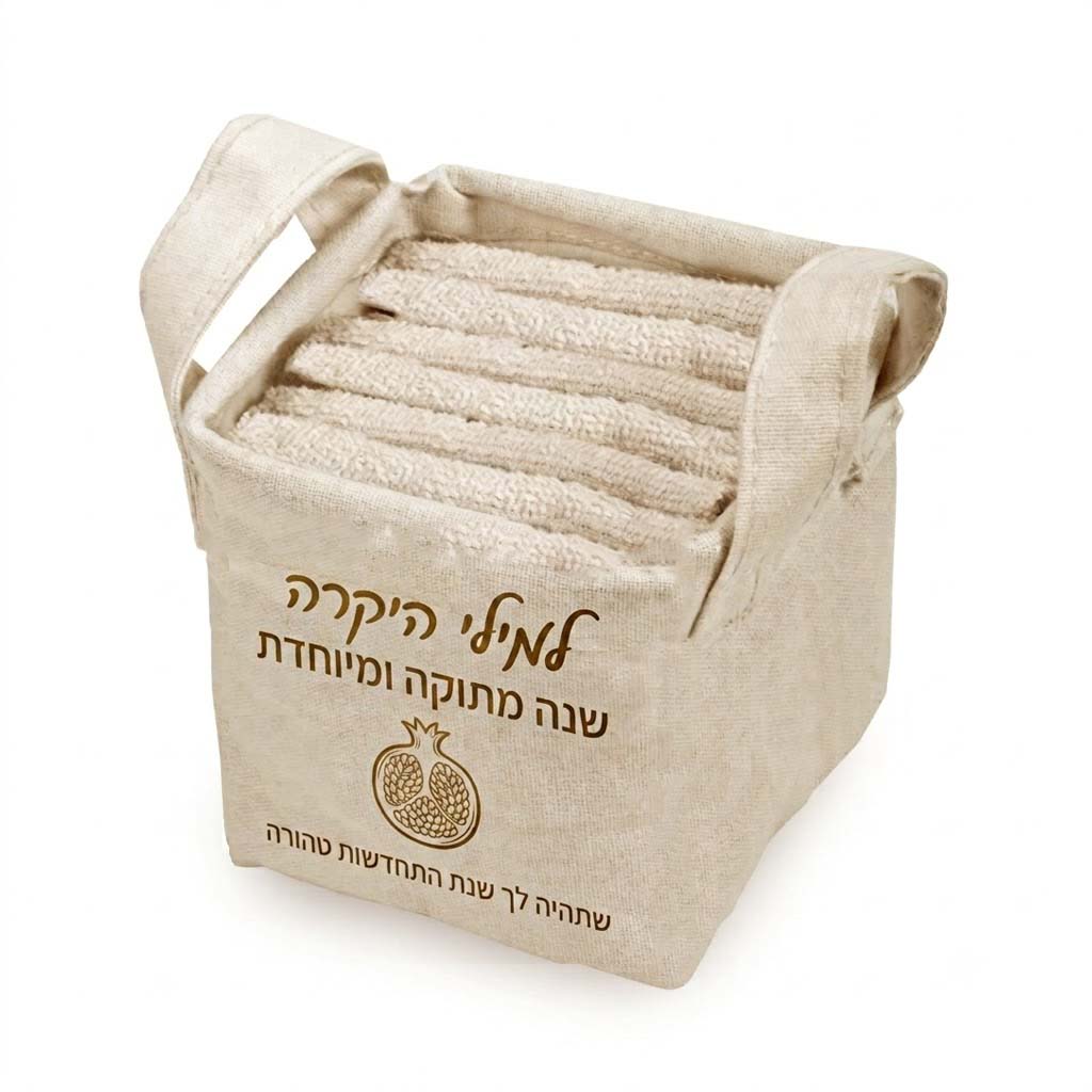 מארז מגבות ידיים לראש השנה עם הקדשה אישית – סט 6 מגבות בתיק קנבס