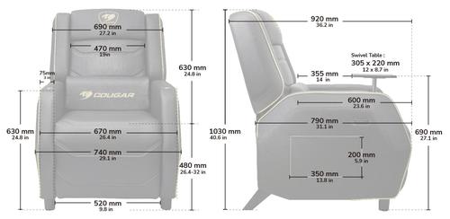 מידות כורסת גיימינג COUGAR RANGER PRO Black Gold כולל מידות השולחן המתקפל והכורסה