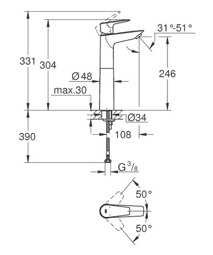 ברז פרח BauEdge מידה XL כרום ניקל GROHE
