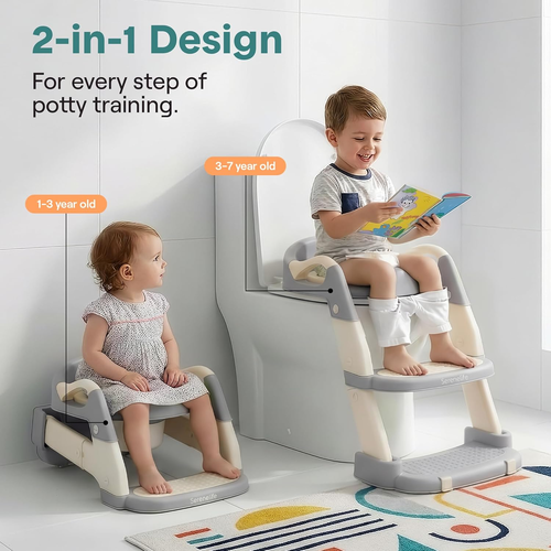 מושב אסלה ישבנון 2 ב-1 עם סולם וסיר גמילה עצמאי מתכוונן לילדים - מוקה