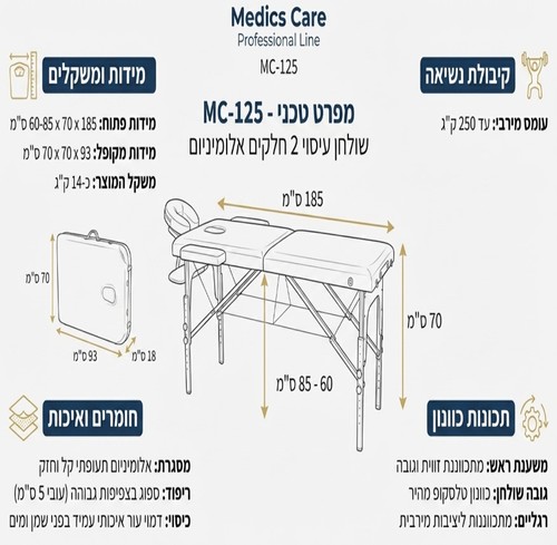 שולחן עיסוי אלומיניום מקצועי 185×70 ס”מ Medics Care MC-125