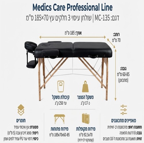 שולחן עיסוי מקצועי 3 חלקים 185×70 ס”מ Medics Care MC-135