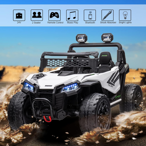 באגי ממונע דו-מושבי 24V דמוי קוואסקי Kawasaki עם גלגלי גומי, בולמי זעזועים, שלט רחוק ואורות - לבן