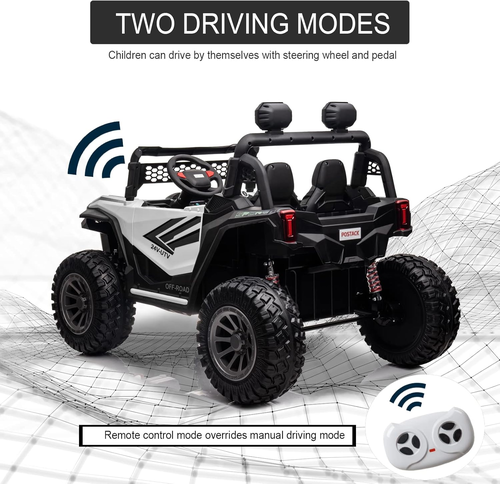 באגי ממונע דו-מושבי 24V דמוי קוואסקי Kawasaki עם גלגלי גומי, בולמי זעזועים, שלט רחוק ואורות - לבן