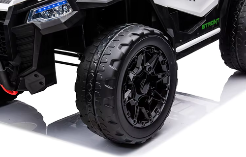 באגי ממונע דו-מושבי 24V דמוי קוואסקי Kawasaki עם גלגלי גומי, בולמי זעזועים, שלט רחוק ואורות - לבן