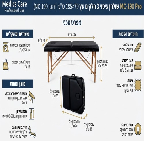 שולחן עיסוי מקצועי 3 חלקים 185×70 ס”מ Medics Care MC-190 Pro