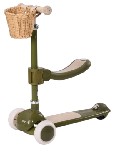 קורקינט וינטג' 2 ב-1 עם מושב מתנתק וסלסלת קש Retro Line - ירוק זית
