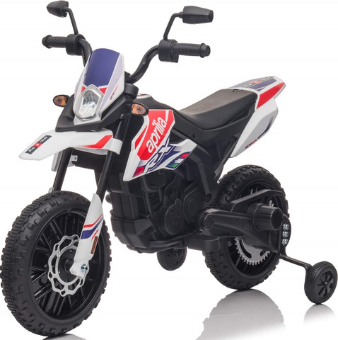 אופנוע דמוי Aprilia RX שטח חשמלי ממונע 12V עם גלגלי עזר, אפקטים קוליים ותאורה - לבן