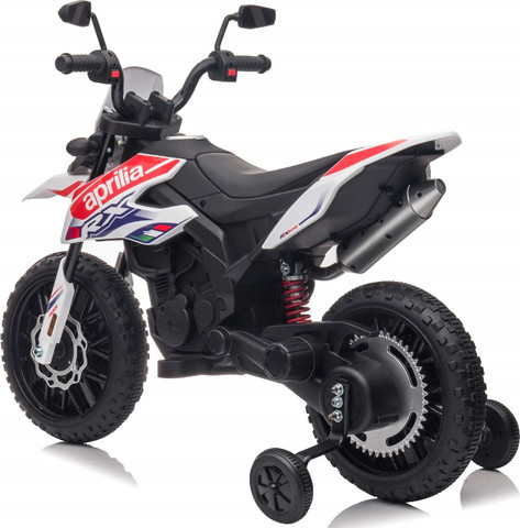 אופנוע דמוי Aprilia RX שטח חשמלי ממונע 12V עם גלגלי עזר, אפקטים קוליים ותאורה - לבן