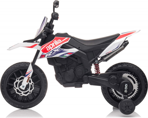 אופנוע דמוי Aprilia RX שטח חשמלי ממונע 12V עם גלגלי עזר, אפקטים קוליים ותאורה - לבן