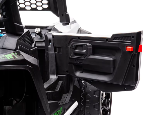 באגי ממונע דו-מושבי 24V דמוי קוואסקי Kawasaki עם גלגלי גומי, בולמי זעזועים, שלט רחוק ואורות - לבן
