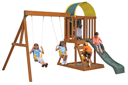 מתקן שעשועים משולב גדול-2 נדנדות, מגלשה גלית וקיר טיפוס 'מסיבת גן'
