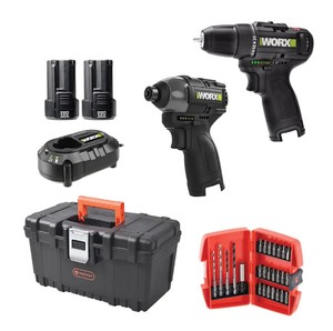 סט כלי עבודה - מברגת אימפקט + מברגת פוטר 12V + סט ביטים + ארגז כלים WORX