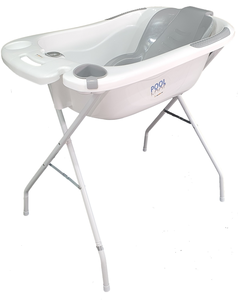 אמבטיה לתינוק POOL עם מעמד מתקפל, מד טמפרטורה, מושב פנימי ומד חום - לבן/אפור