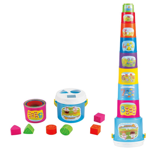 מגדל 9 כוסות + דלי התאמת צורות הנדסיות