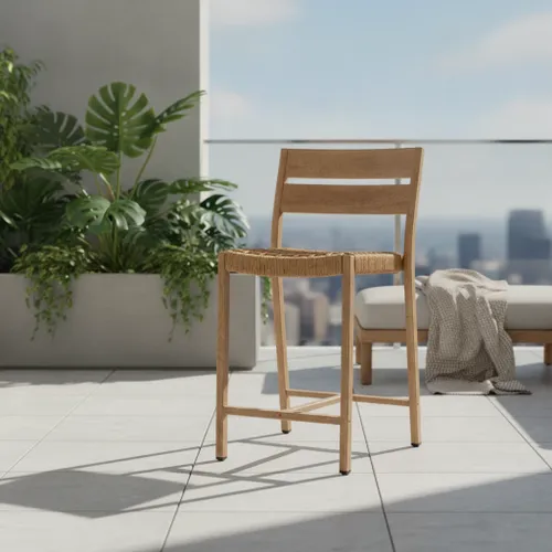 כסא בר אלומיניום דגם רומי עם מושב חבלים ומראה דמוי עץ