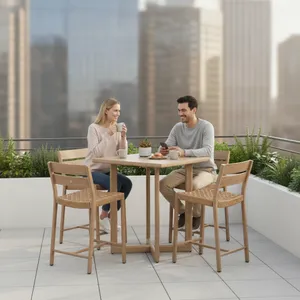 שולחן בר אלומיניום+ 4 כסאות דגם רומי במראה דמוי עץ עיצוב טבעי, נוחות מודרנית