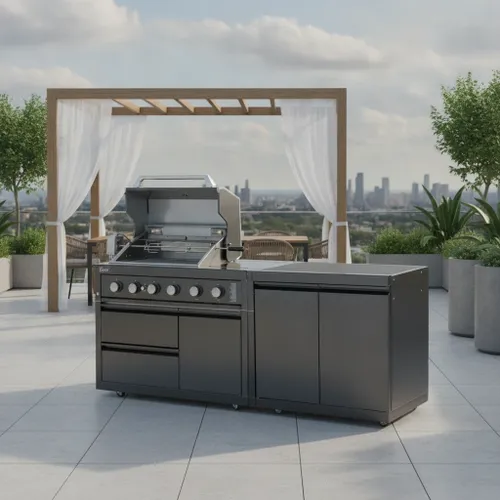 מטבח פקטורי הכולל ארון אחסון וגריל גז 4 מבערי נירוסטה עם כירת צד ועיצוב מרשים
