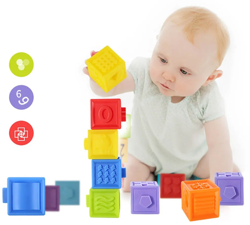 12 קוביות משחק רכות עם במגוון צבעים וטקסטורות