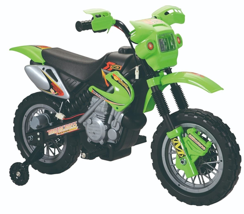 אופנוע שטח חשמלי ממונע 6V עם גלגלי עזר, אפקטים קוליים ותאורה - ירוק