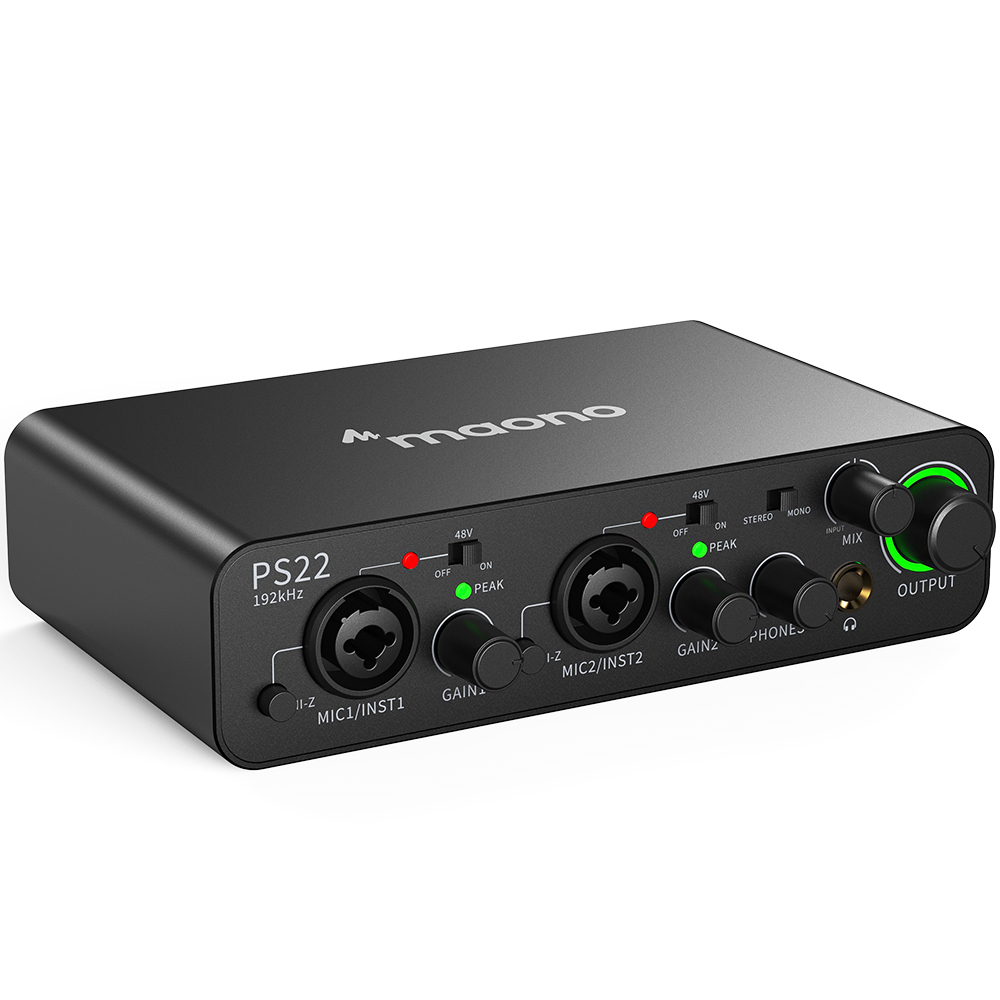 Maono PS22 — ממשק שמע USB ProStudio 2-in/2-out עם מקדמי קלט פרימיום