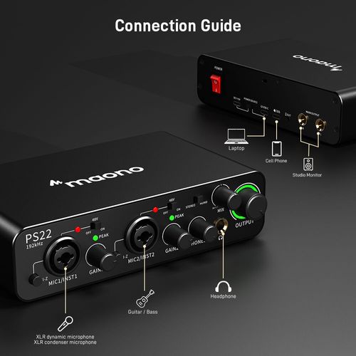 Maono PS22 — ממשק שמע USB ProStudio 2-in/2-out עם מקדמי קלט פרימיום