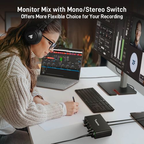 Maono PS22 — ממשק שמע USB ProStudio 2-in/2-out עם מקדמי קלט פרימיום