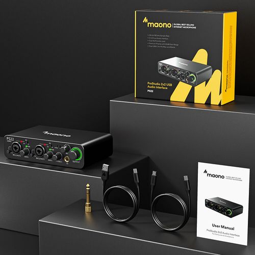 Maono PS22 — ממשק שמע USB ProStudio 2-in/2-out עם מקדמי קלט פרימיום