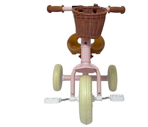 תלת אופן וינטג כולל סלסלת קש בצבע ורוד 49369P מסדרת Retro line - תמונת אווירה ורכיבה על תלת האופן