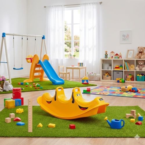 נדנדת טריו כלבלב תלת מושבית לילדים בצבע צהוב מבית Dantoy - מבט צד על מבנה המתקן
