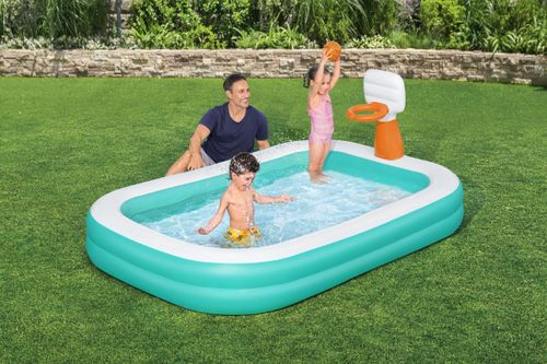 בריכה מתנפחת לילדים מלבנית עם כדורסל 2.51X1.68X1.02 סמ 54445 מבית BESTWAY - מבט פנימי על אזור הרחצה והמשחק