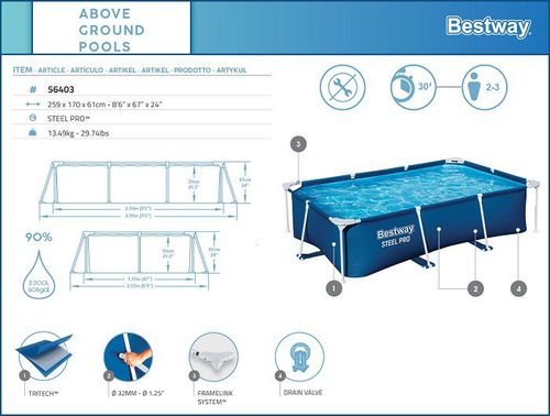 בריכה משפחתית מסגרת מלבנית 259X170X61 סמ 56403 מבית BESTWAY - הבריכה בחצר או בגינה