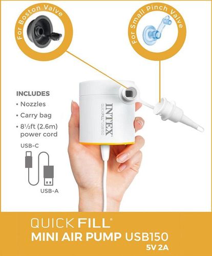 משאבת ניפוח אוויר חשמלית USB לבנה 66616 מבית INTEX - המחשת גודל המשאבה