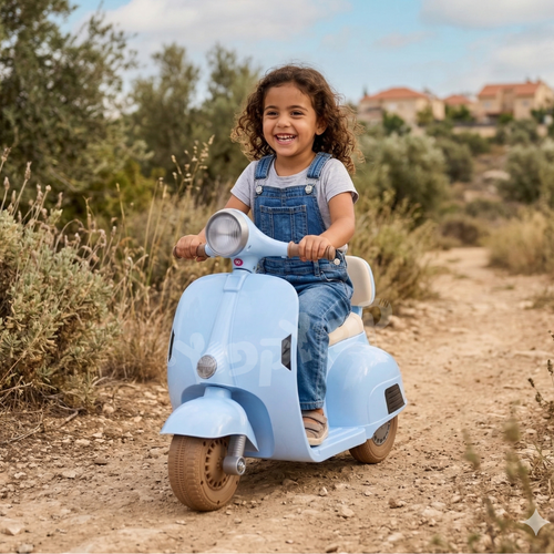 אופנוע ווספה רטרו 6V לילדים בצבע כחול דגם RetroV6B מסדרת RETRO LINE מק״ט RetroV6B - פנס קדמי וכידון