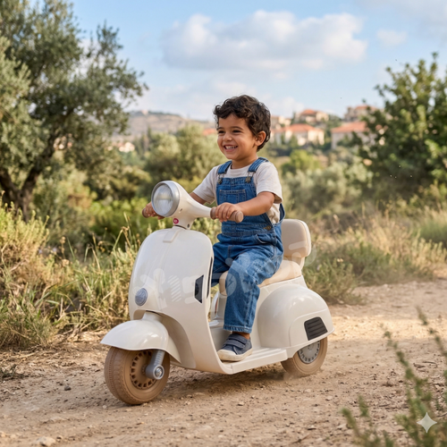 אופנוע ווספה רטרו 6V לילדים בצבע לבן דגם RetroV6W מסדרת RETRO LINE מק״ט RetroV6W - סוללת 6V ומנוע 45W