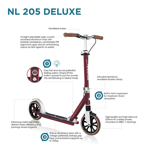 קורקינט קליל ומתקפל לנוער ומבוגרים NL 205 Deluxe עם מעצור יד מתאים עד 100 ק